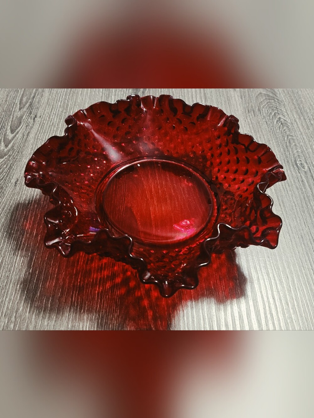RARE Vintage Fenton Amberina/Ruby Hobnail Depression Glass Ruffled Edge Bowl